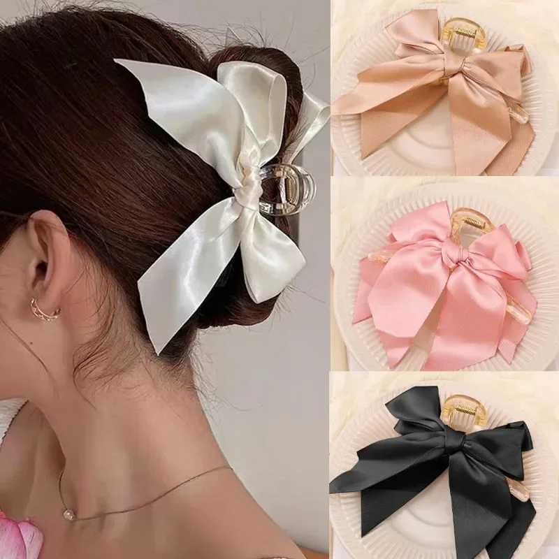 Elegant Big Bowknot Hair Claw Double Sides Bowknots Fashion Shark Hair Clips Ribbon Low Ponytail Hair Clips for Women Headwear