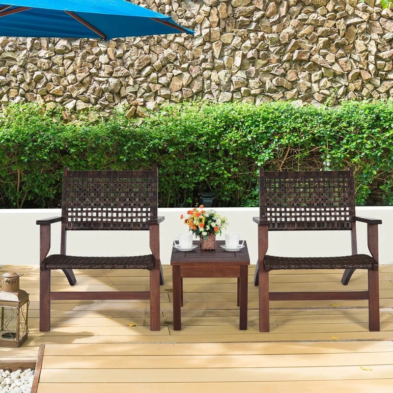 

！@Dwoo High Quality UV Resistant Waterproof Outdoor Teak 3 Pieces Patio Rattan Furniture Set