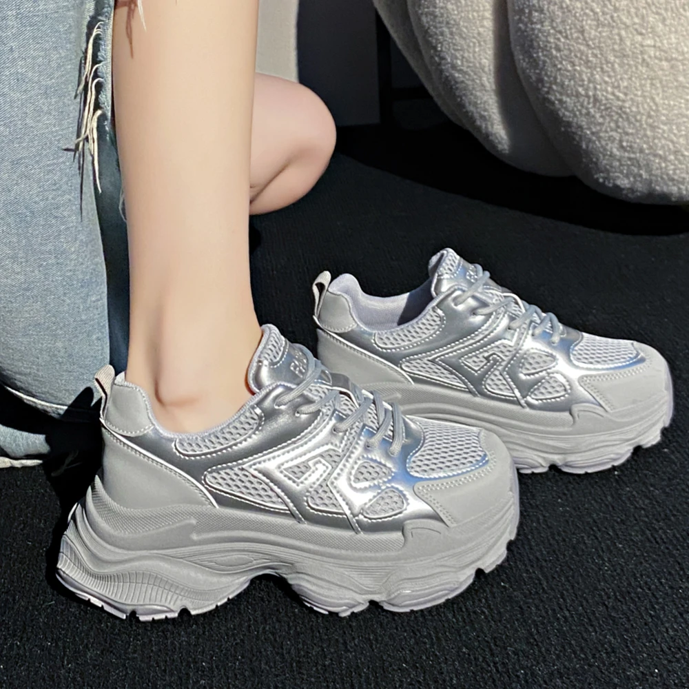 

2024 New Summer Silver White Chunky Sneakers Ladies Soft Vulcanized Shoes For Women Fashion High Heel Platform Casual Footwear