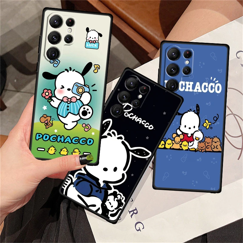 Pochacco Cute Sanrio Silicone Black Phone Case For Samsung Galaxy S24 S23 S22 S21 S20 FE S10 S9 S10E S8 Plus Ultra Lite 5G