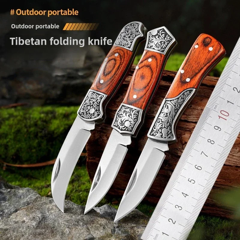 Portable Folding Knife Colored Wood Outdoor Tibetan Printed Stainless Steel Household Fruit Knife Keychain Camping Pocket Knife