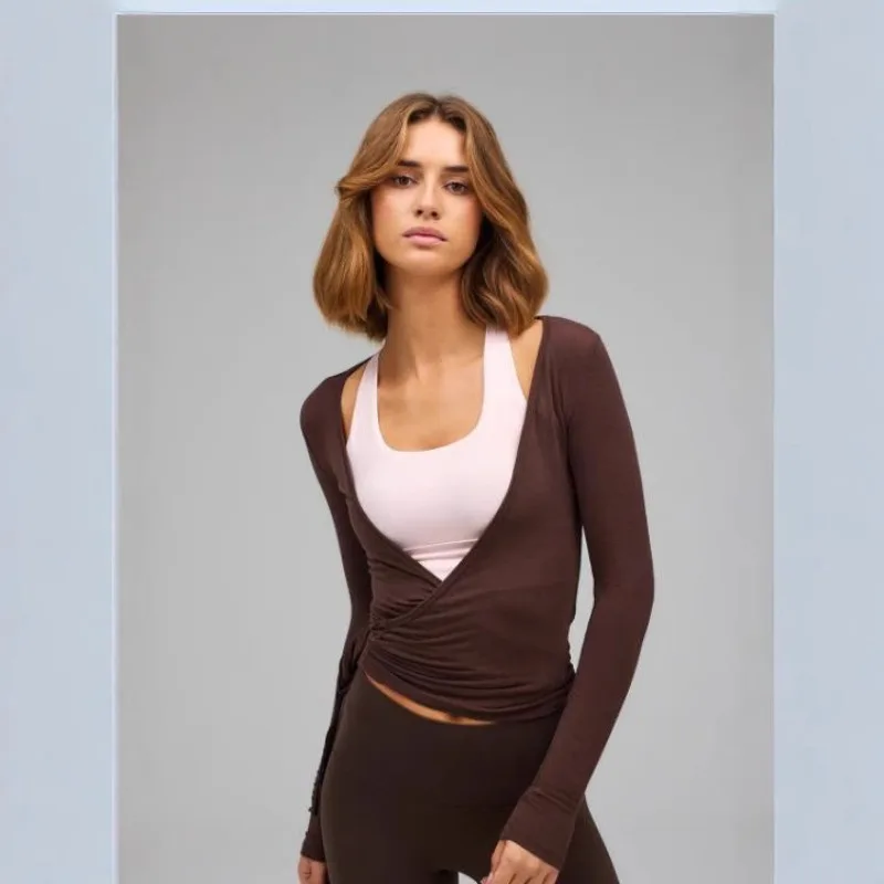 

2025 Women Cross Wrap Tie Crop Tops Yoga Shirts Long Sleeve Deep V Neck Solid Slim Fit Shirts Ladies Yoga Workout Blouses Tees