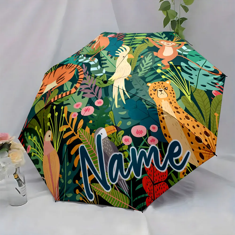 Custom Name Colorful Tropical Animal Theme Umbrella Print 8 Iron Ribs Folding Umbrella, Auto-Open Fashion Sunshade