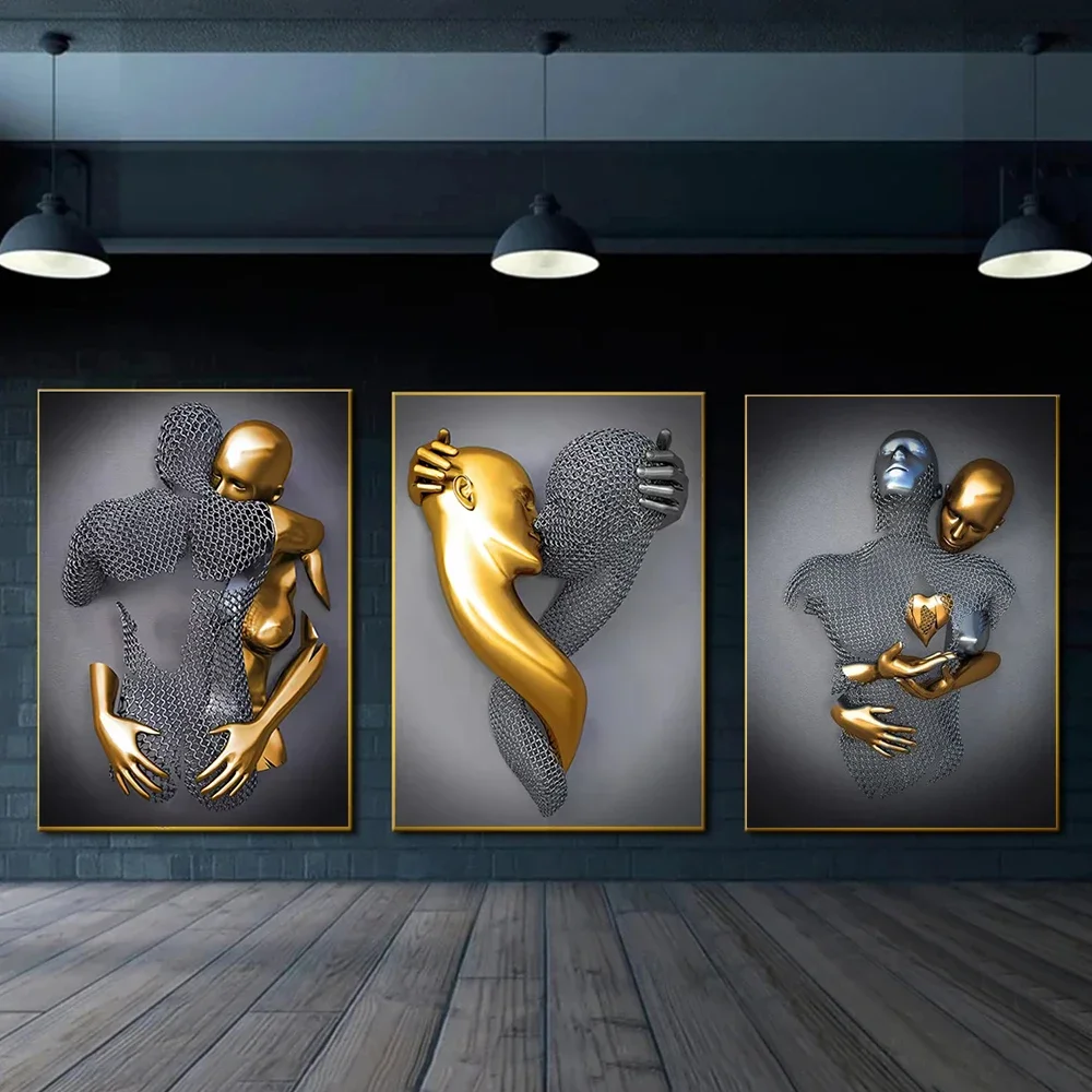 1PCS frameless  3D Metal Statue Effect Love Heart Couple Hugging Poster Print Modern Home Decor Abstract Canvas Painting Wall Ar