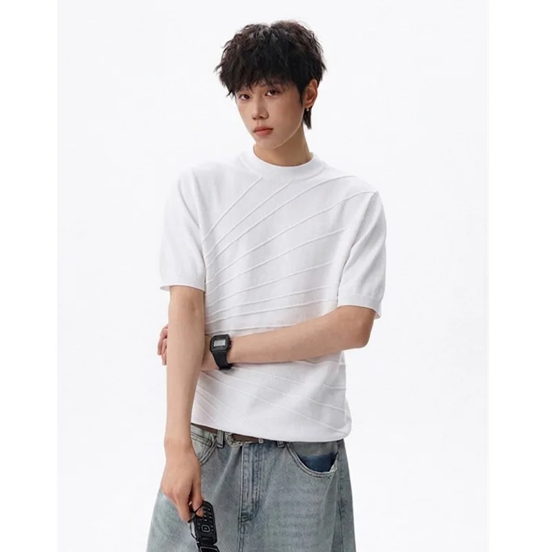 Summer Ice Silk Short Sleeve Knitted Sweater T-Shirt Men's Loose Line Sculpture Stripe Slim Fit Business