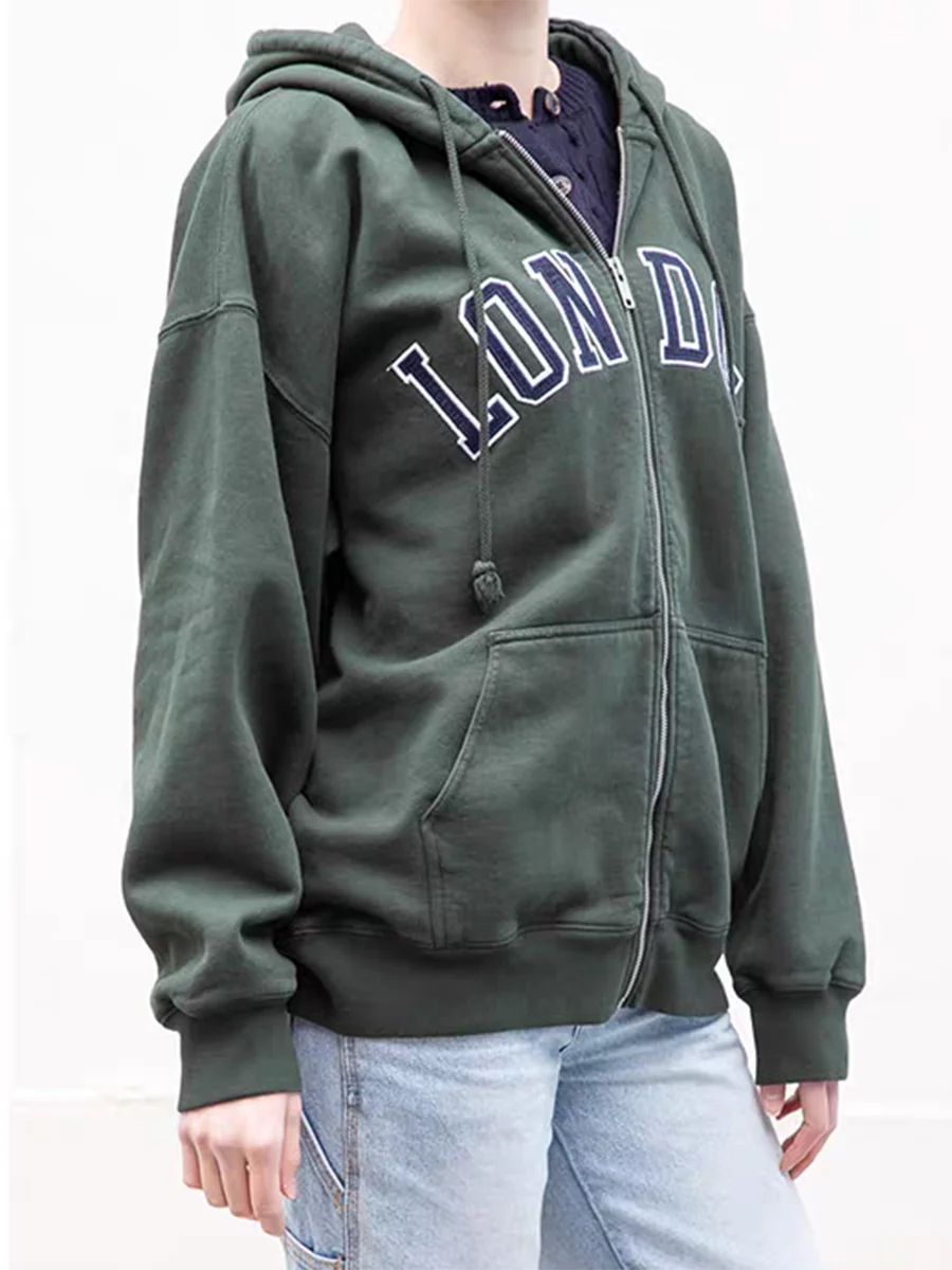 London Embroidery Zip-up Hoodie Woman 2023 Spring Long Sleeve Retro Hooded Pocket Sweatshirts Casual Vintage Streetwear Y2k Tops