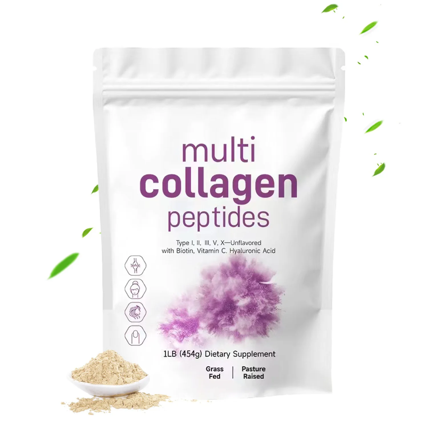 

Multi Collagen Peptides Powder Protein Supplement, Type I, II, III, V, X with Hyaluronic Acid, Vitamin C, Easily Mixes Drinks
