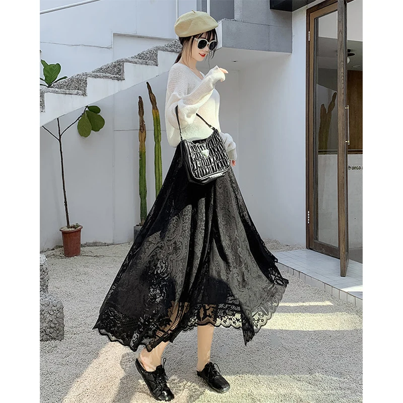 Elegant Lace Mesh Midi Skirt Women Fashion White Tulle Pleated Skirts Summer Streetwear Korean High Waist Black A Line Skirt New