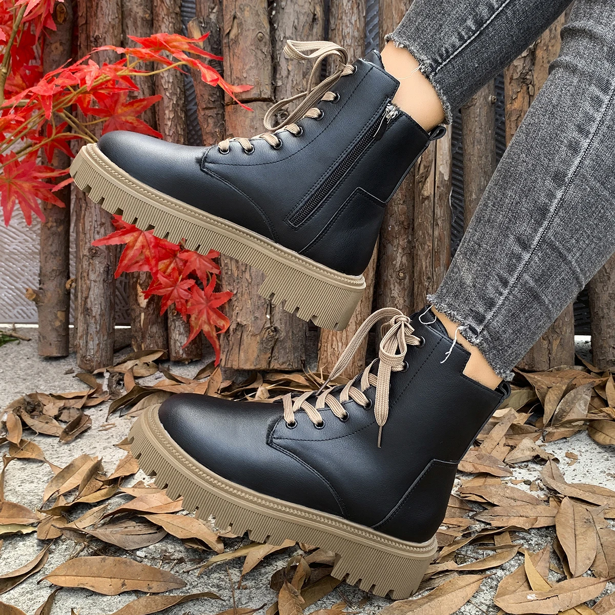 المرأة مبطن دافئ قصير أفخم عارضة الجوارب الشتاء الدانتيل تصميم بو الجلود زائد حجم بلون الأحذية الموضة الكلاسيكية. #2