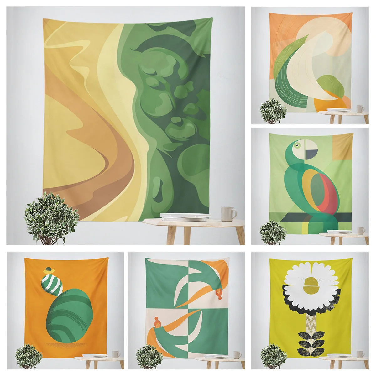 Abstract Botanical Morandi Tapestry Geometric Figures Cafe Bar Wall Cloth Home Decor Tapestry Machine Washable