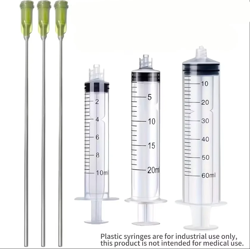 Industrial Graduated Liquid Dispensing Kit, Plastic Dispenser with Long Blunt Tip Needle 10ml/20ml/60ml for Ink Refill, Lab Reag