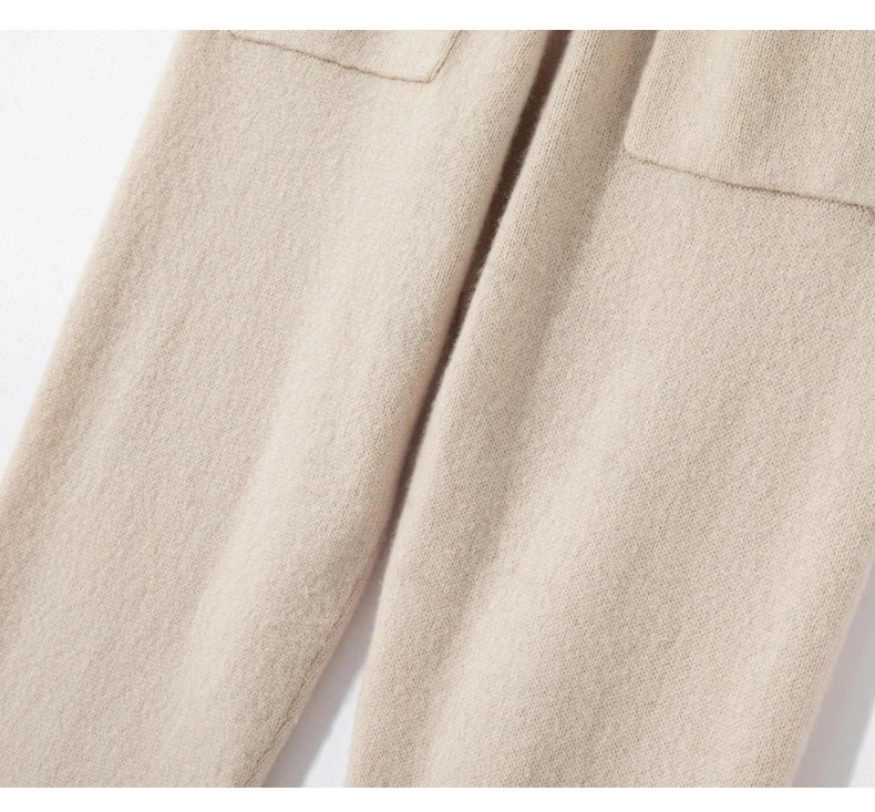 Women's Knitted 100% Wool Pants with Double Pockets and Elastic Waistband for Autumn and Winter, High Stretch Sports Style Pants