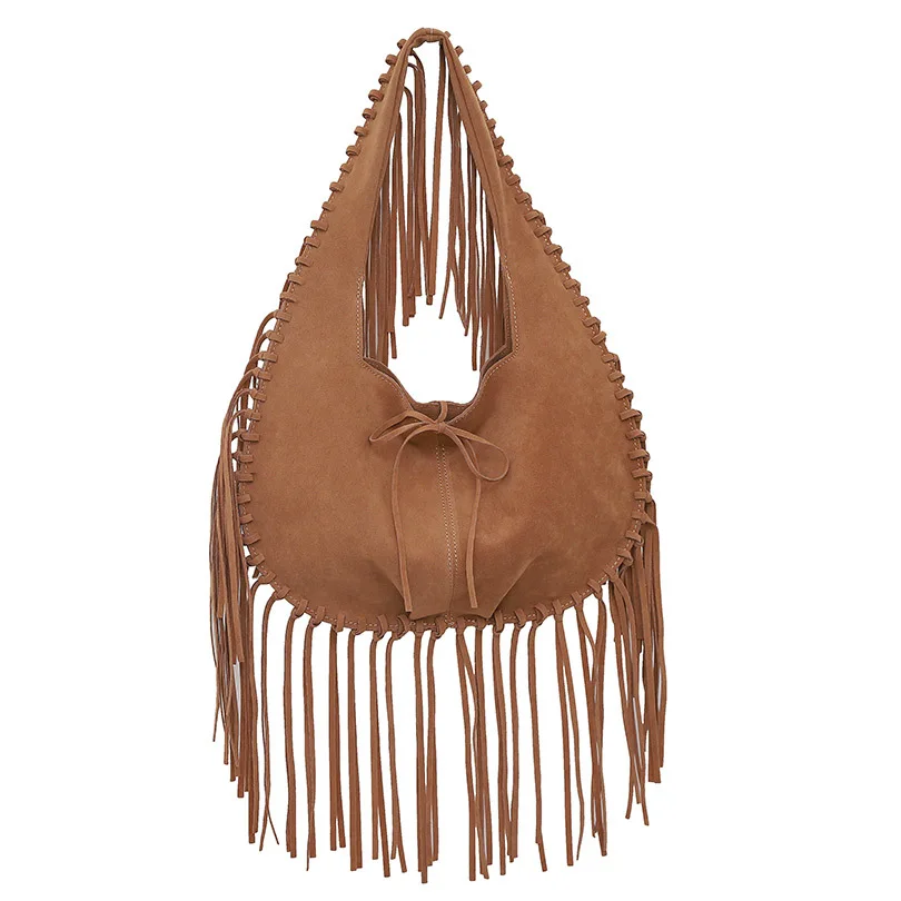 

Vintage Large Capacity Tassel Hobos Bag Designer Women Shoulder Bags Luxury Faux Suede Handbags Big Shopper Purses 2025 New
