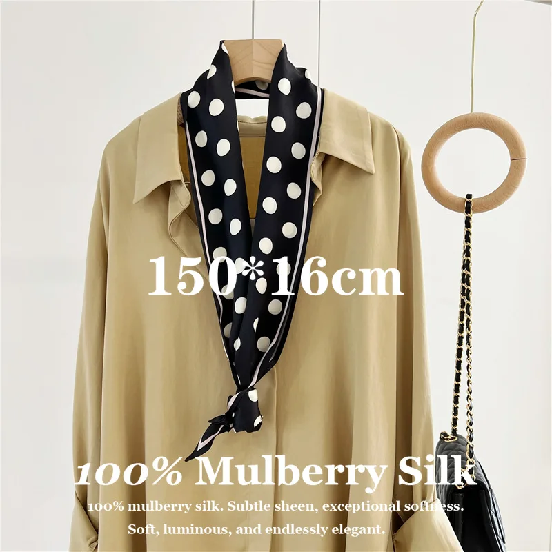 

New Dot Double Layer Silk Scarf 100% Pure Silk Neckerchief Vintage Neck Wrap Headband Ribbons Thin Narrow Long Neckerchief Hijab