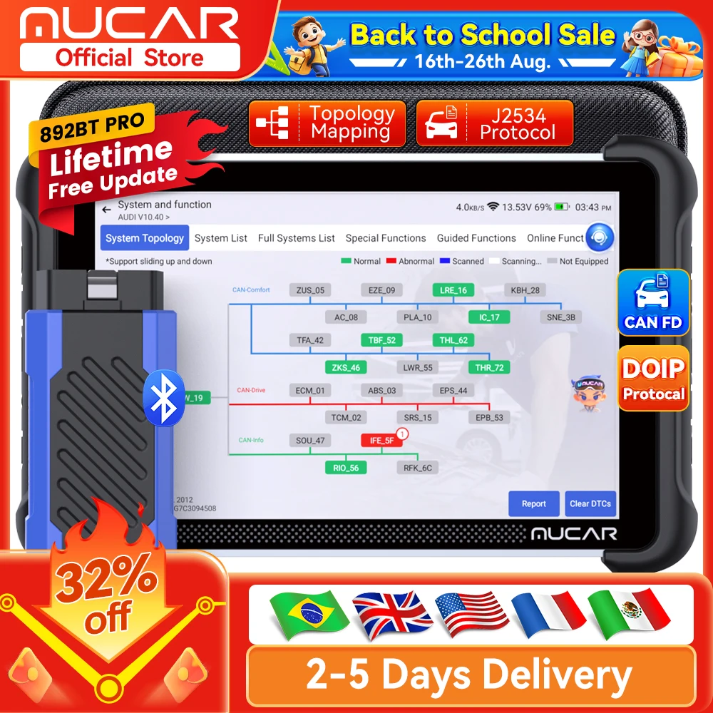 MUCAR 892BT Pro Scanner OBD2 com mapeamento topológico, assistente de IA, diagnóstico completo do sistema, 35 resets de ECU, codificação bidirecional com J2534/CAN FD/DoIP e atualizações gratuitas vitalícias.