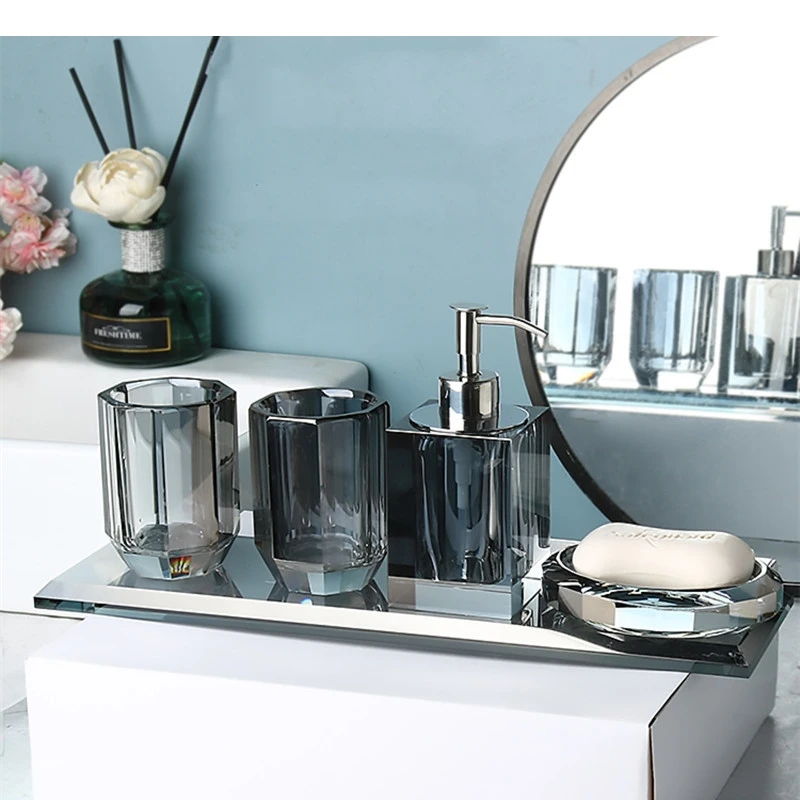 

Crystal Glass Bathroom Kit Couple Mouthwash Cup Tray Wash Set Press Soap Dispenser Light Luxury Home Accessories