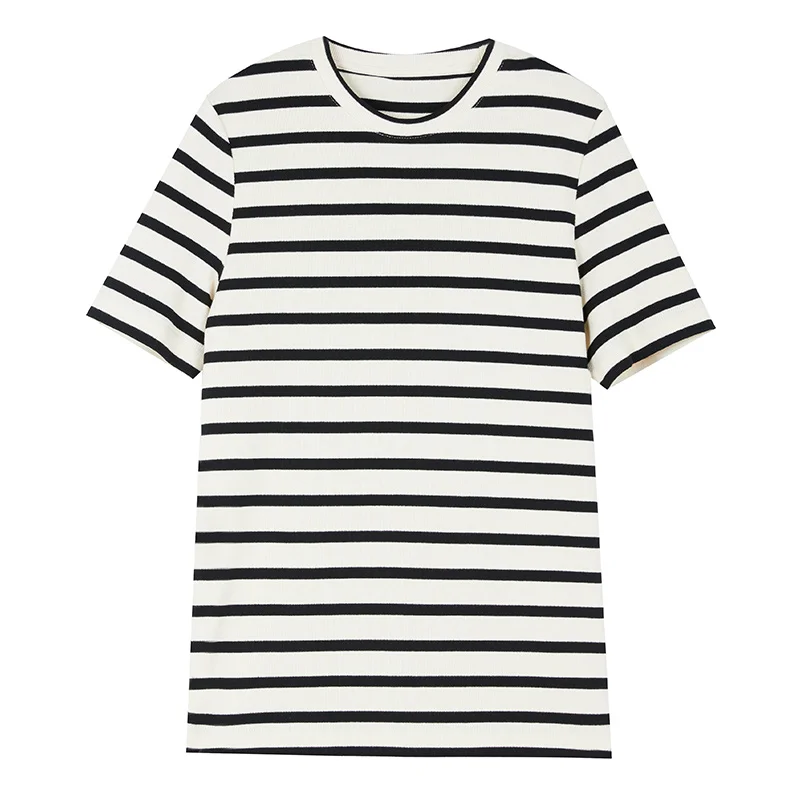 

Футболка из чистого хлопка в полоску с коротким рукавом и круглым вырезом, средней длины, повседневная, женская, модная, летняя, TAT209344