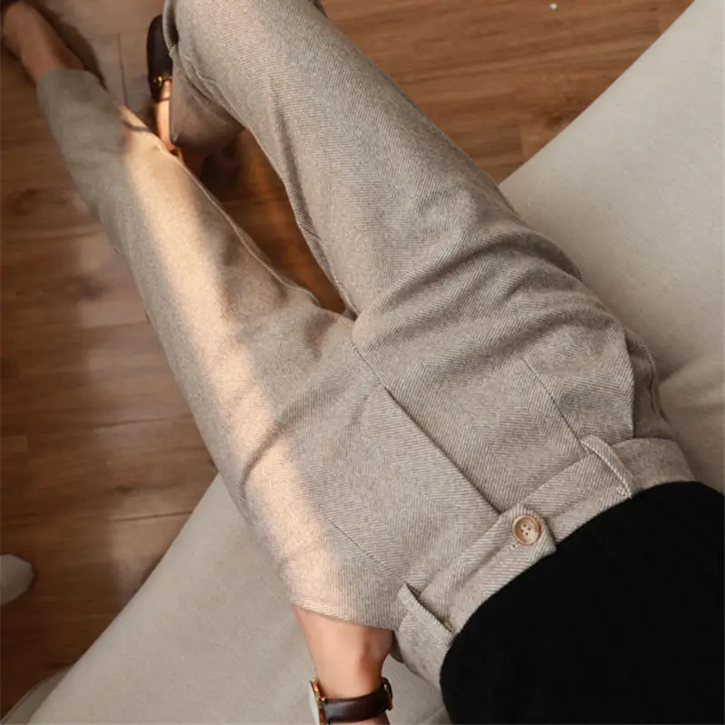 Woolen Pants Women\'s Harem Pencil Pants Spring High Waist Pockets  3XL Suit Pants Office Lady Stripde Zipper Trousers