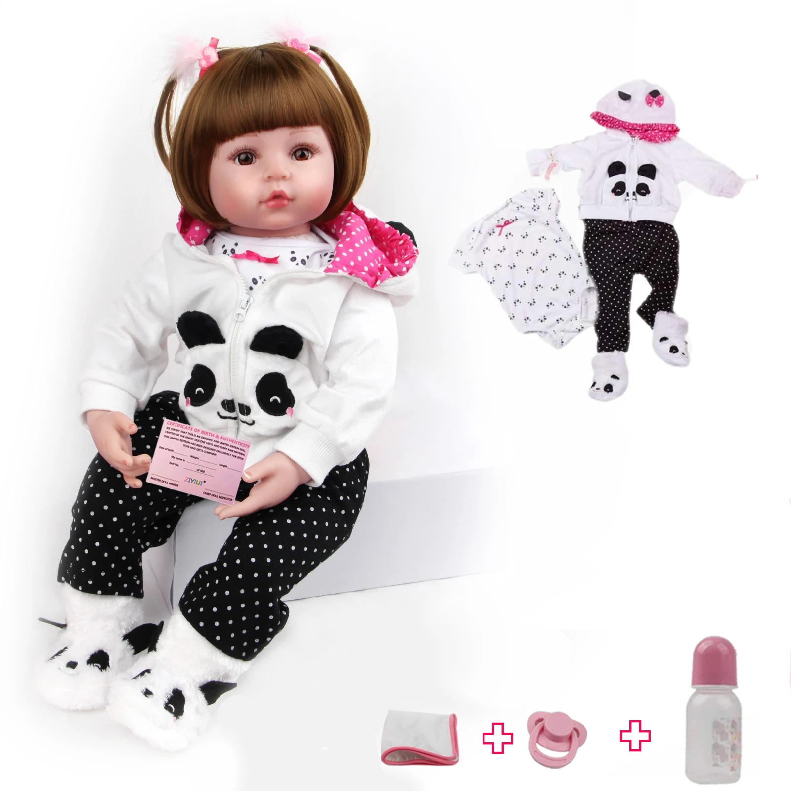 

ZIYIUI 22 Inch 55cm Realistic Handmade Soft Silicone Vinyl Panda Clothes Brown Eyes Reborn Baby Doll Cute Girl Toy Xmas Gift