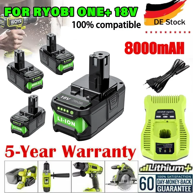 Batterie au Lithium 18V 8000mAh pour Ryobi P108 Plus P104 P105 P107 RB18L50 RB18L40, batterie rechargeable