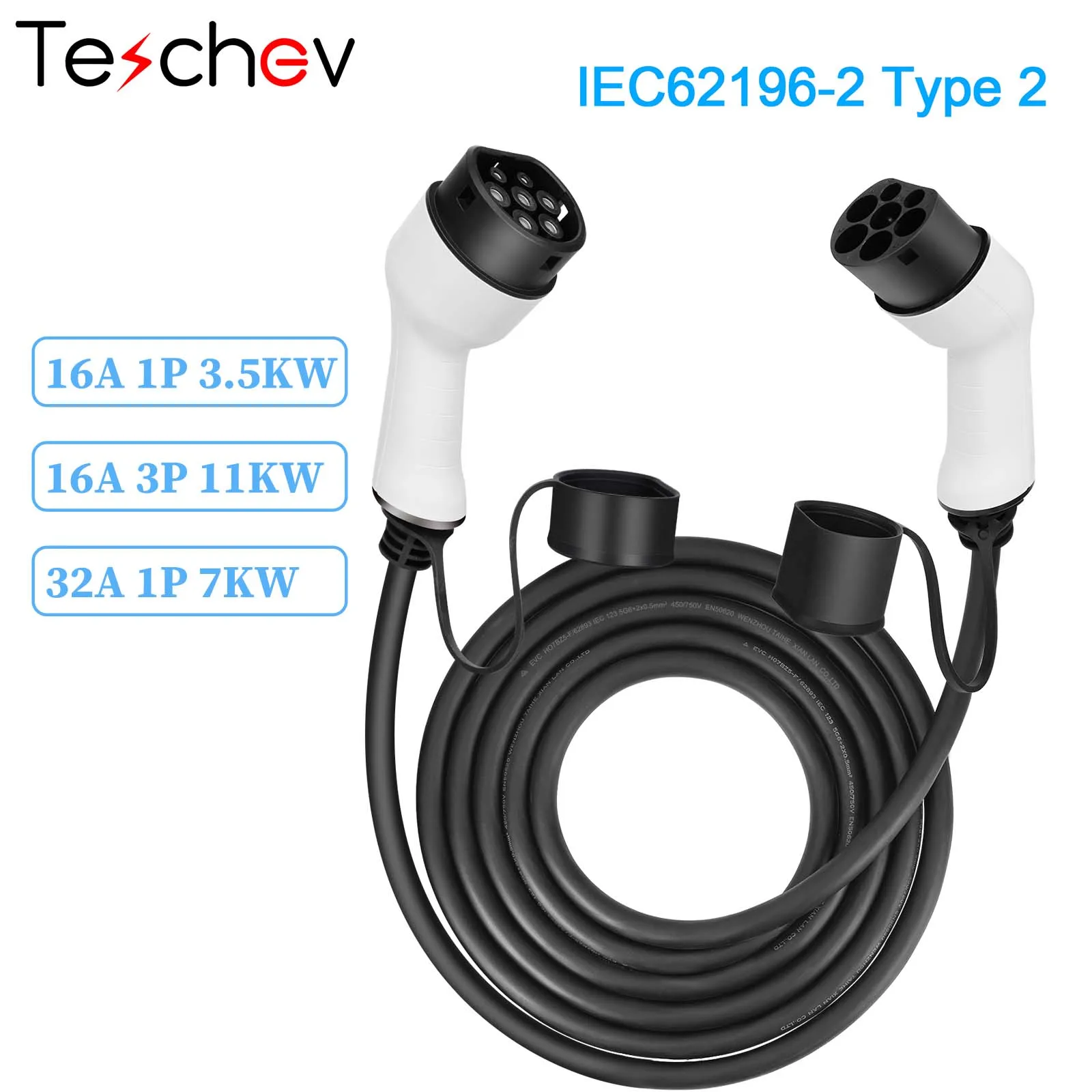 Teschev 16A/32A 7KW 11kW Type2 to Type2 EV Charging Cable IEC 62196-2 Charger For Electric Vehicles PHEV Car In Public Station