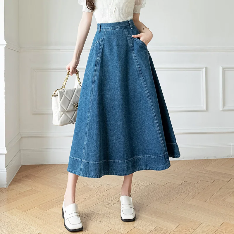 

New Women Spring Summer Blue Denim Skirt Fashion High Waist All-match Patchwork Jeans Skirt Casual Loose Long Skirt