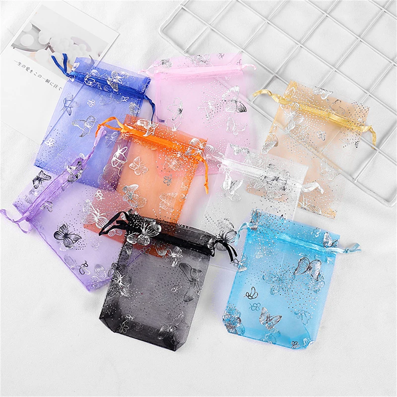 100pcs 10*12cm Organza Bags Silver Color Butterfly Printed Jewelry Wedding Party Drawable Packaging Display & Gift Pouches