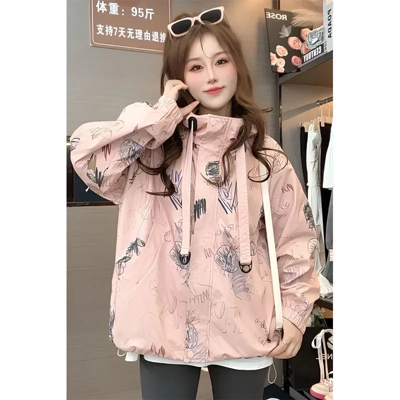 ملابس النساء ربيع الخريف موضة عادية الطباعة سستة الوقوف طوق الإناث كل مباراة تظهر رقيقة فضفاضة سترة معطف علوي