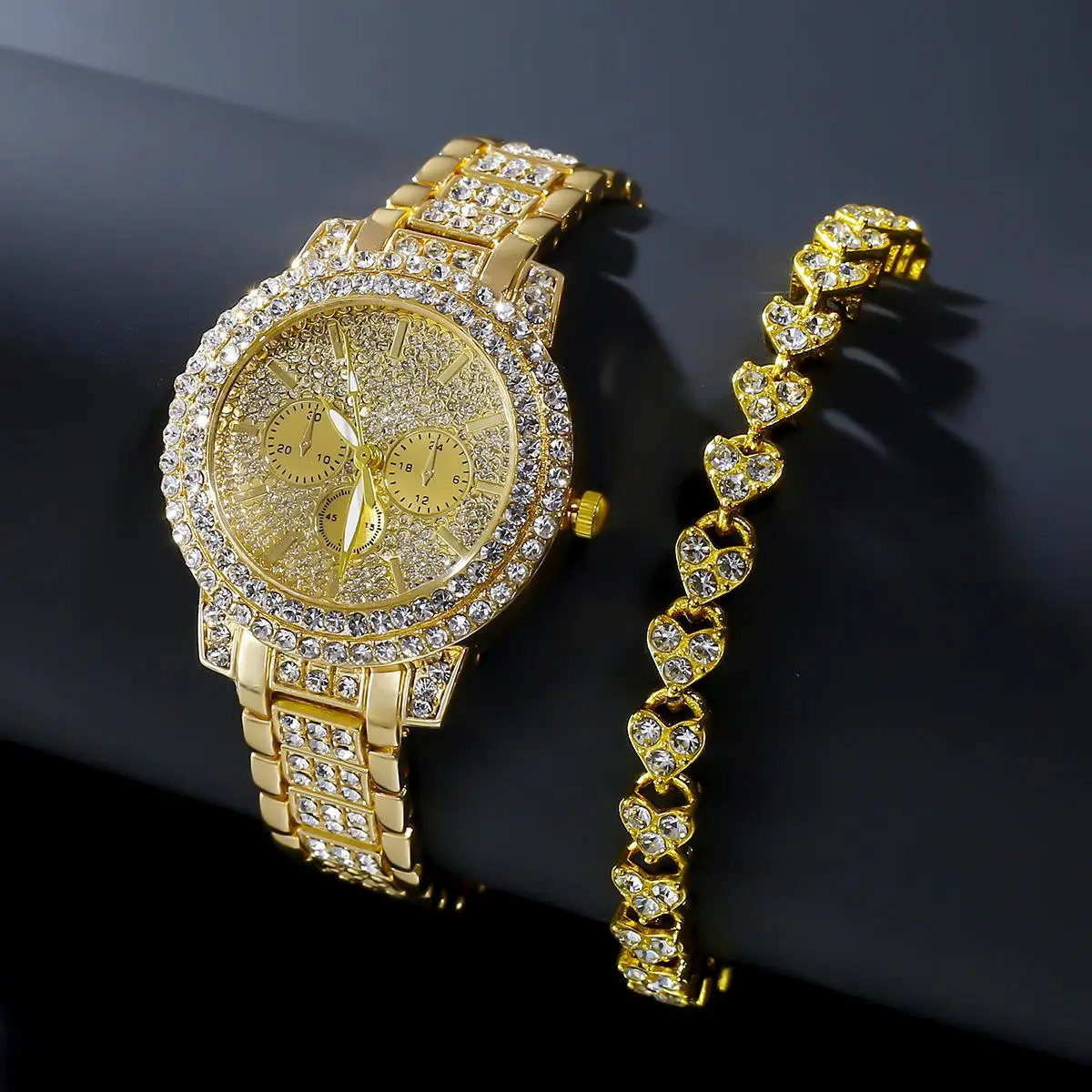 

2pcs Set-Fashionable Business Fashionable Luxury Diamond Set Round Quartz Watch and Bracelet Set Perfect Gift for Women to Wear