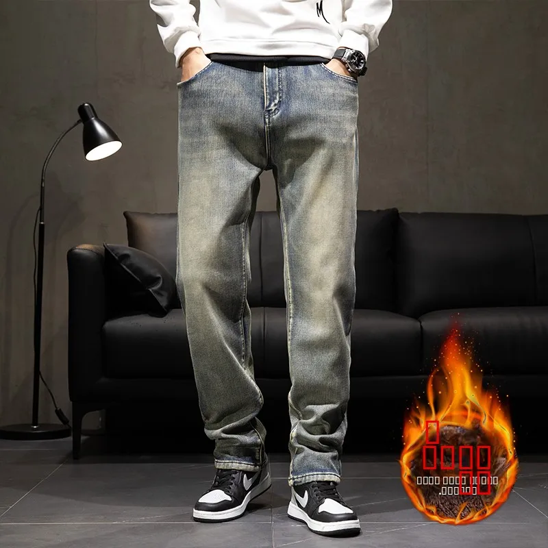 

Мужские джинсы Waed Denim: утепленные, на флисовой подкладке, свободного кроя, зимние, теплые, длинные брюки в модном городском стиле, ретро, японский стиль