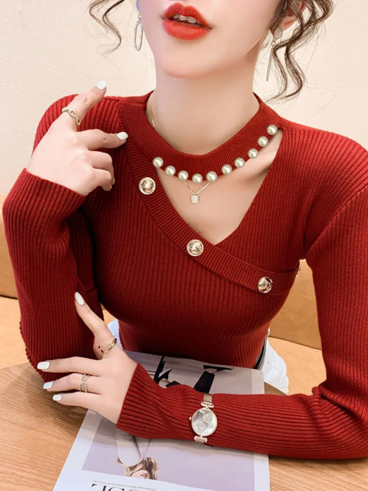 Women New Fashion Elegant Round Pullover Sweater Solid Color Nail Beads Hollow Out Versatile Knit Long-sleeve Tops