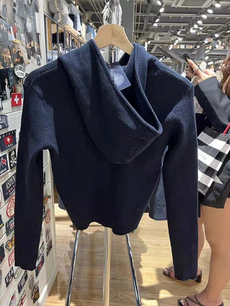 Casual donna Navy Cardigan in maglia con cappuccio 2023 autunno moda donna doppia apertura cerniera maglioni donna Chic manica lunga top