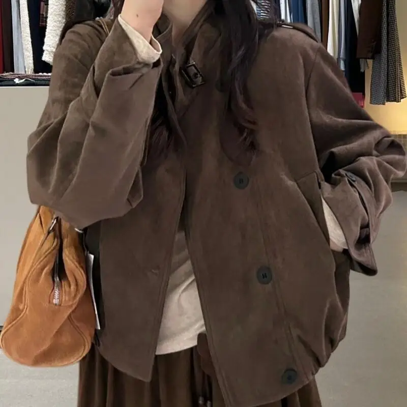 

Autumn and Winter New Suede Jacket Stand Collar Windbreaker American Style Fashion Retro Style Shopping Outdoor Loose Jacket Hot
