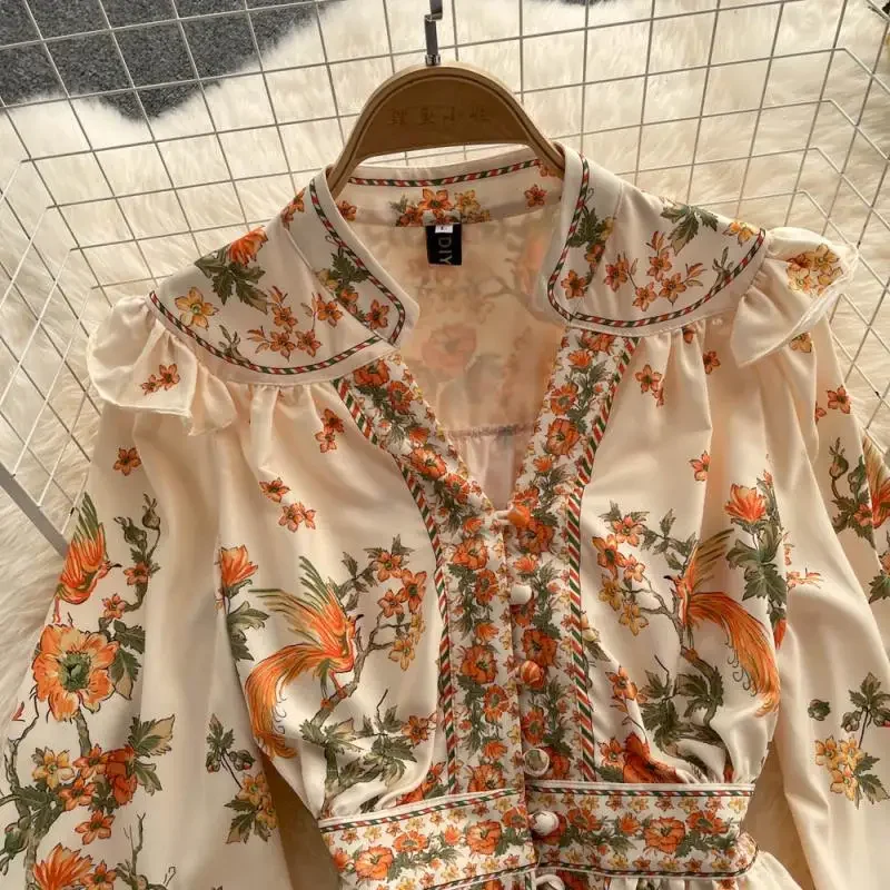 2024 New Dress Autumn Vintage Chiffon Single Breasted Lady Full Dress A Line V Neck Puff Sleeve Mid-Calf Women Dresses Vestido