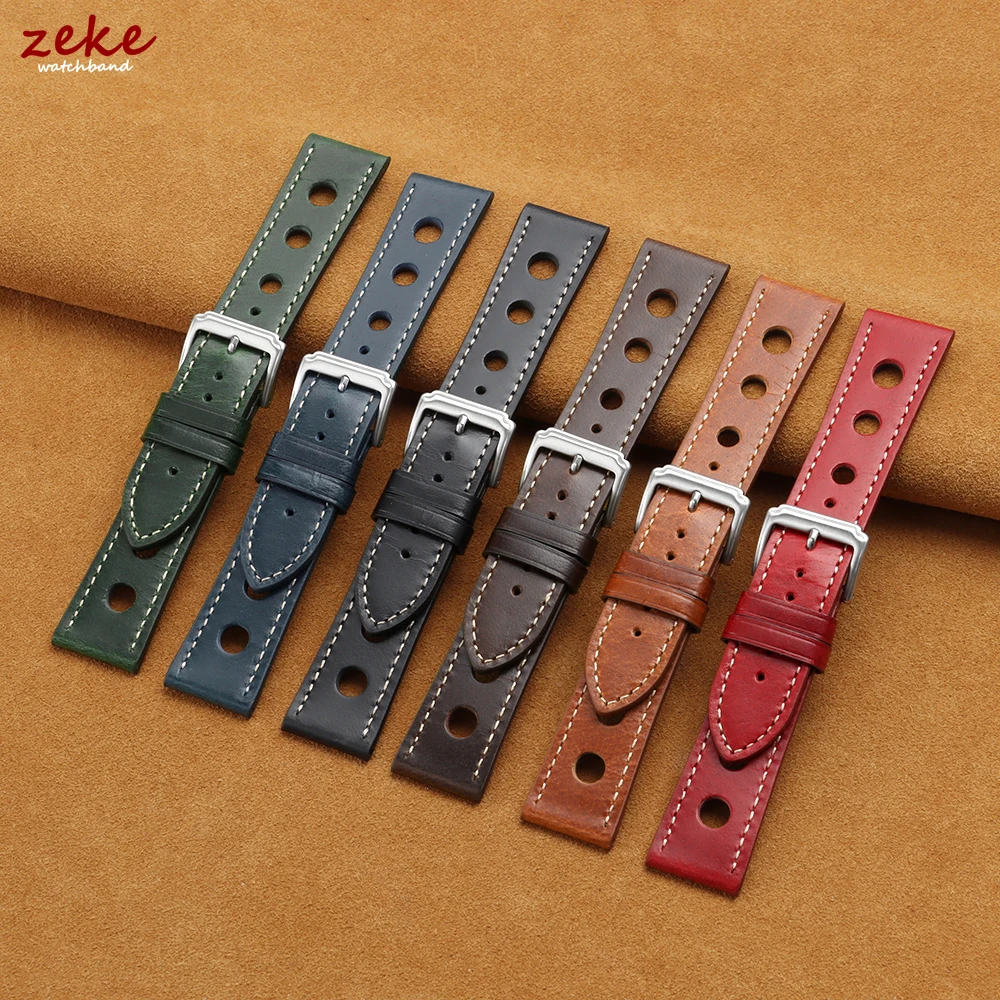 Vintage Oil Wax Leather Watch Band for Omega 20mm 22mm Porous Breathable Watch Strap for Seiko Matte Pin Clasp Watch Accessories