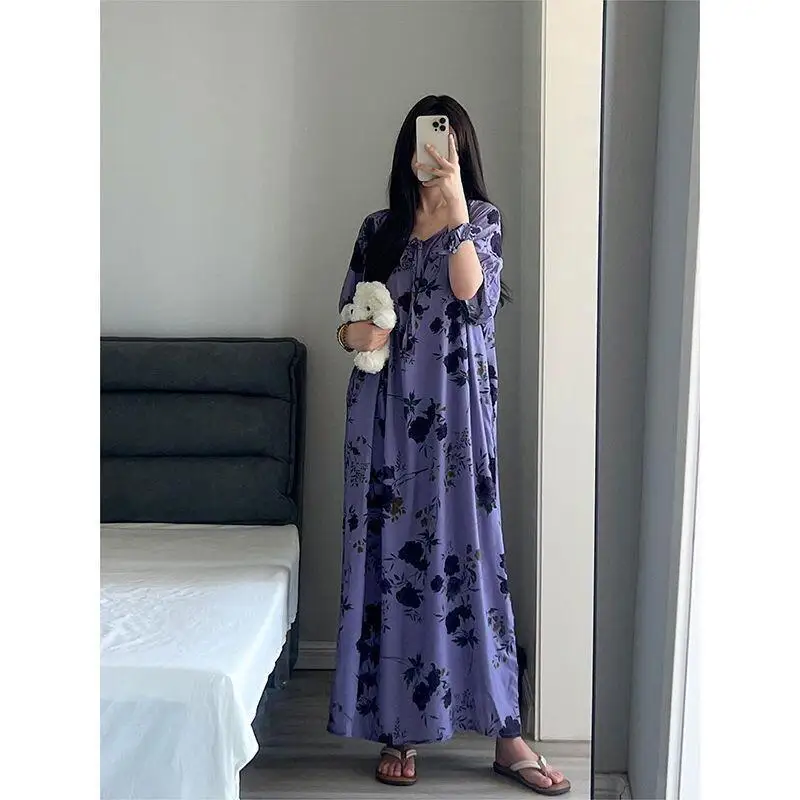 

Women's Pajamas Comfortable Nightgown Nightdress Cotton Blend For Plus Size Home Lounge French Purple Floral Style New Season
