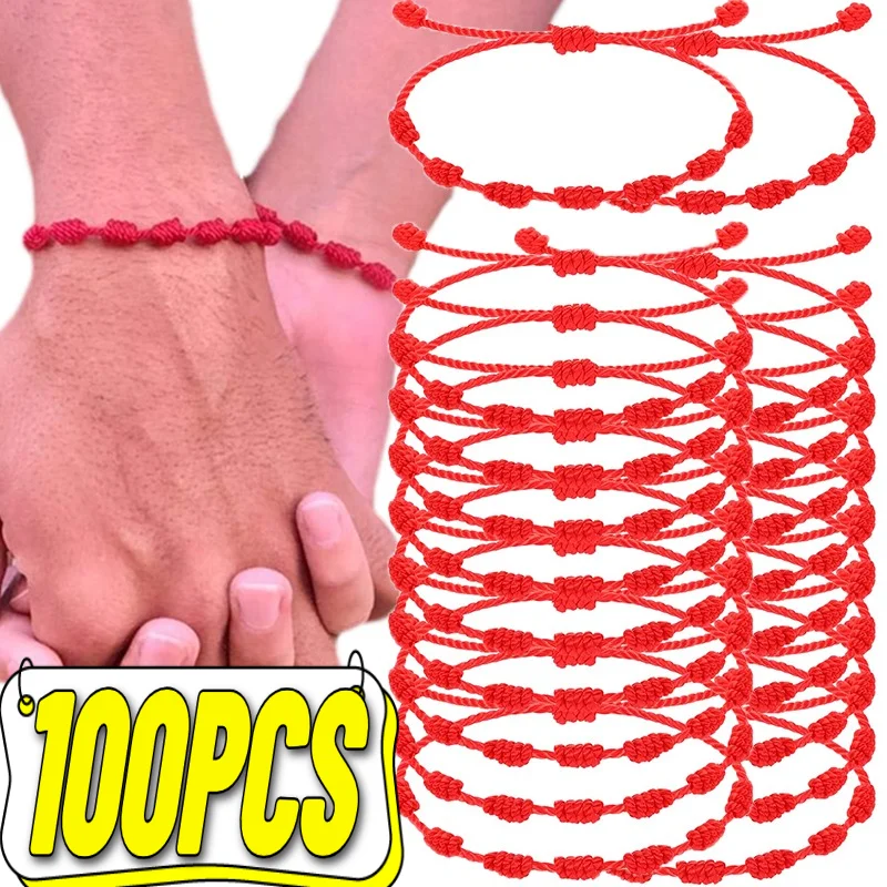 4/100pcs 7 Knots Red String Couple Bracelet Women Men Lucky Amulet Handmade Rope Friendship Wristband Jewelry Gifts Accessory