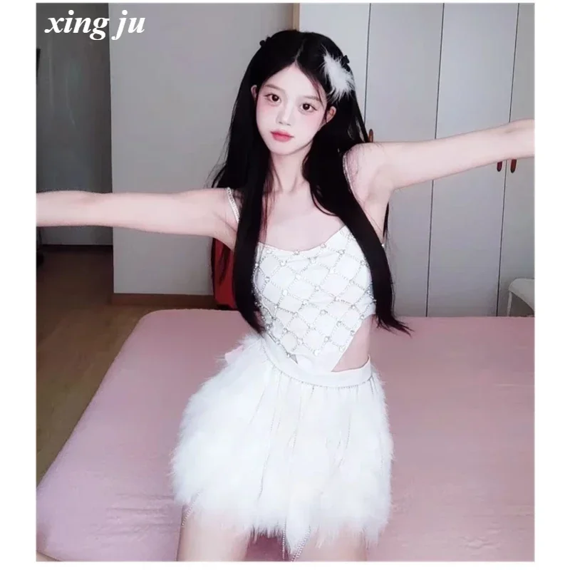 Kpop cantante coreana mujeres concierto Ropa de baile Sexy Rhinestone brillante Sling chaleco Jazz traje de escenario falda de plumas traje de concierto de mujer