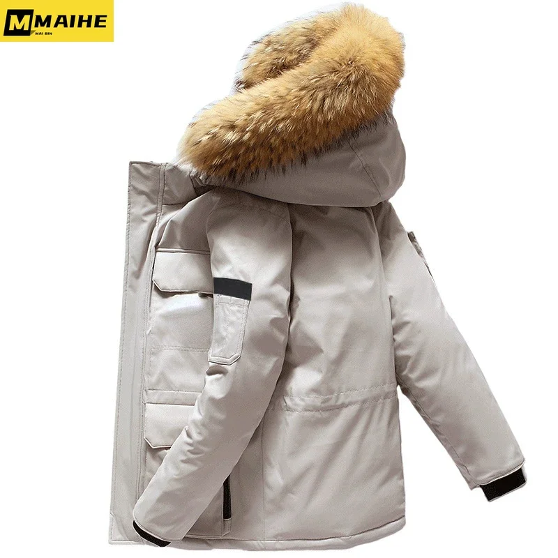 Luxury Down Jacket Men\'s Long Winter Warm Lightweight Down Jacket Men\'s Removable Fur Collar Hooded White Duck Down Padded Parka