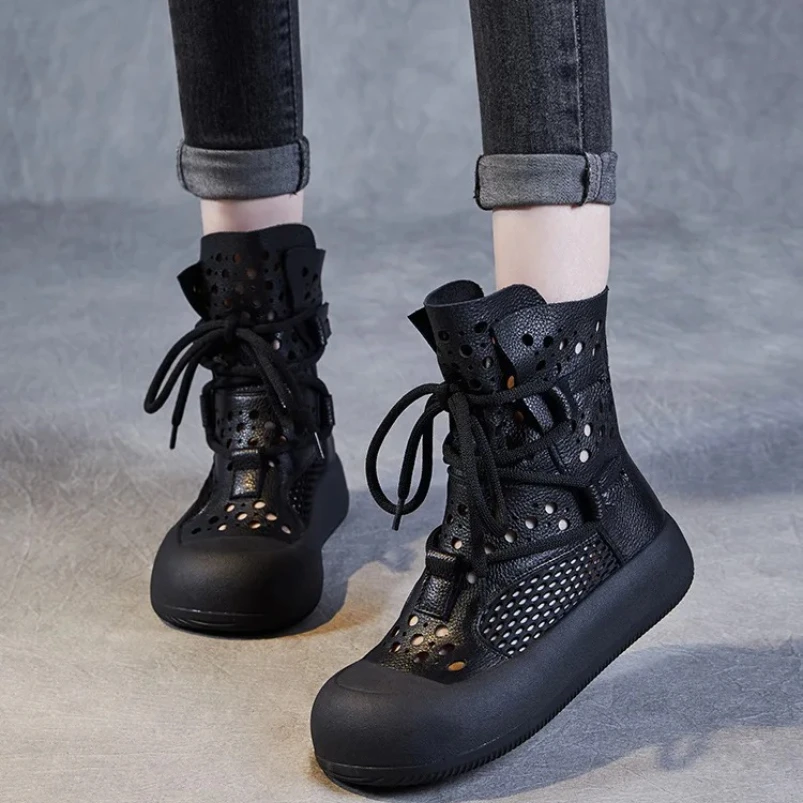 

2025 Summer New Women's Hollow Out Ankle Boots Genuine Leather Shoes Woman Low Square Heel Boots Ladies Zip Breathable Shoes