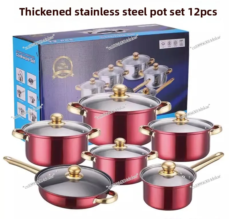Colorful Stainless Steel Set Pot Non-stick Pan 12-piece Set Gold-plated Handle Stainless Pots Set Pot