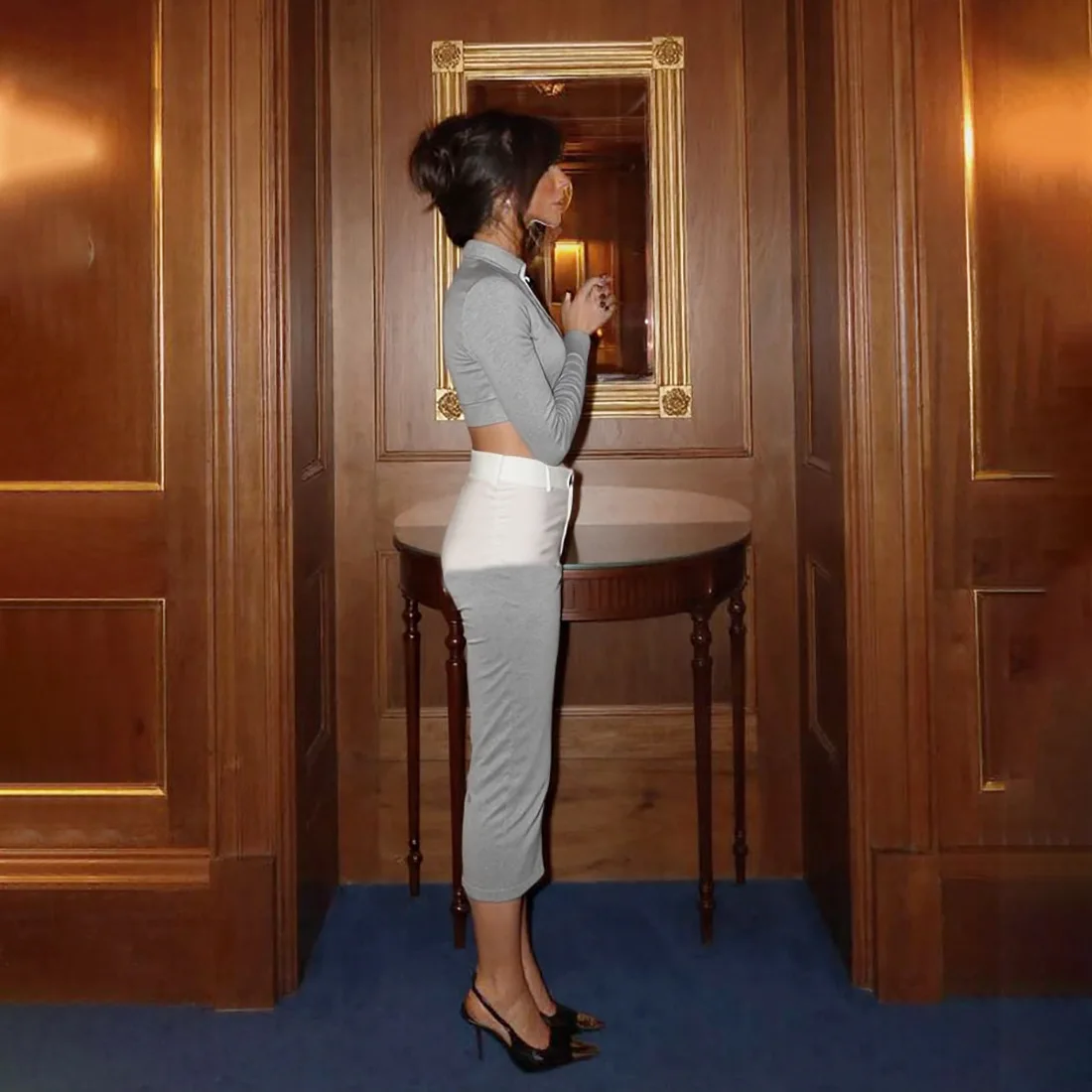 الصلبة اللون ضئيلة قطعتين مجموعة الإناث عارضة الحركة س الرقبة قصيرة الأكمام تي شيرت حزمة الورك تنورة طويلة السيدات الشارع الشهير