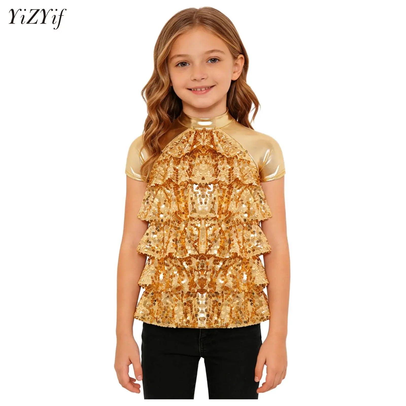 

Big Girls Jazz Dance Performance Tops Short Sleeves Sparkling Sequin Metallic Crop Top for Ballet Gymnastics Skating Stage