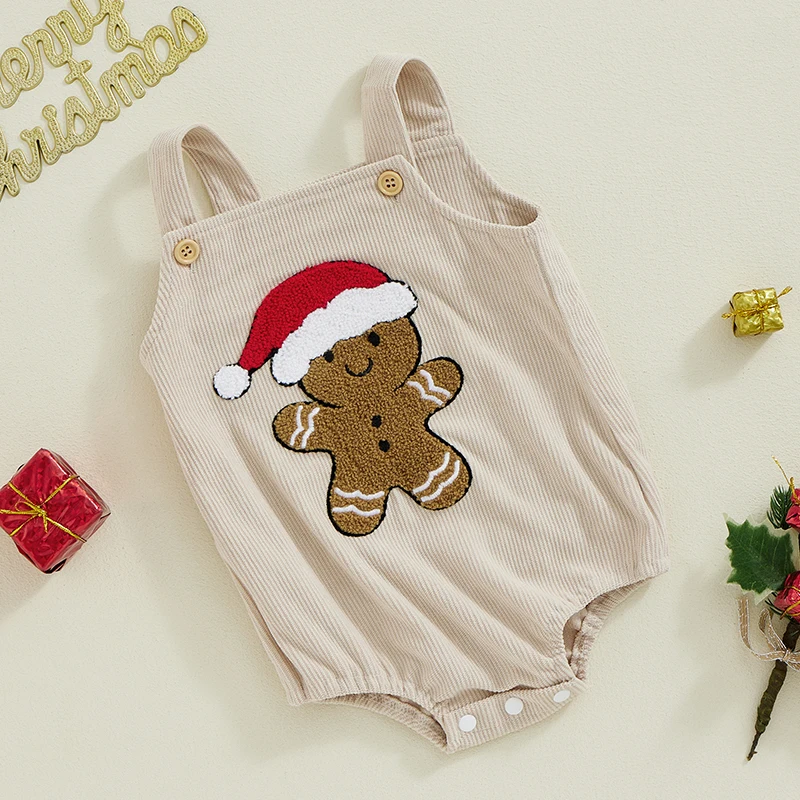 Baby Christmas Overalls Romper Gingerbread Man Christmas Hat Embroidery Sleeveless Jumpsuit