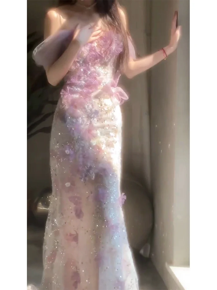 Customized Romantic Pink Purple Mermaid Evening Dress Luxury Sequins Beading Flower Mermaid Formal Gowns for Women Vestidos