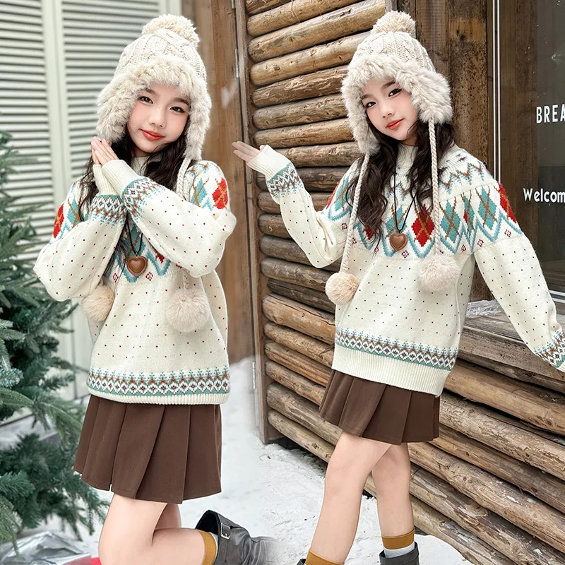 

New Fashion Children Geometric Pattern Christmas Sweater for Tween Girls New Year Knitwear Kids Elegant Christmassweater 5-14 Y