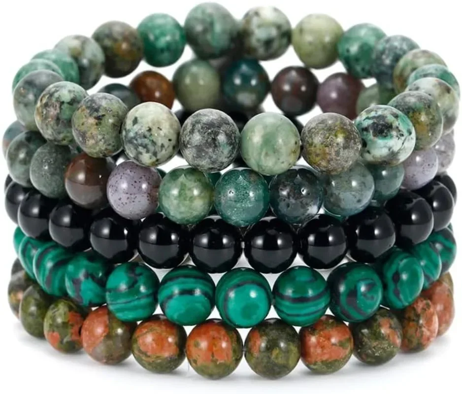 

5PCS Semi Precious Gemstone Bracelet Healing Crystal Stone Beaded Yoga Bracelets for Women Men 8mm Round Beaded