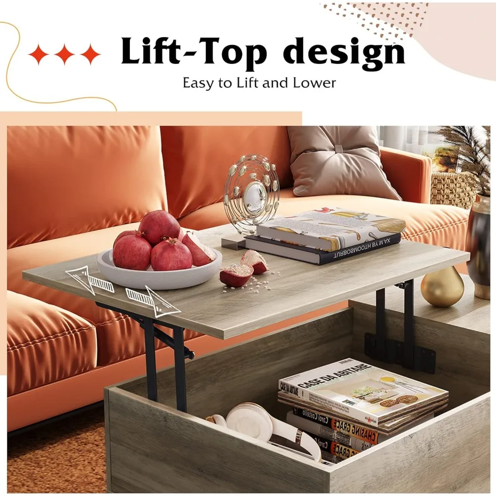 Wood Lift Top Coffee Table with Hidden Compartment and Adjustable Storage Shelf, Lift Tabletop Diner Table for Home, Living Room