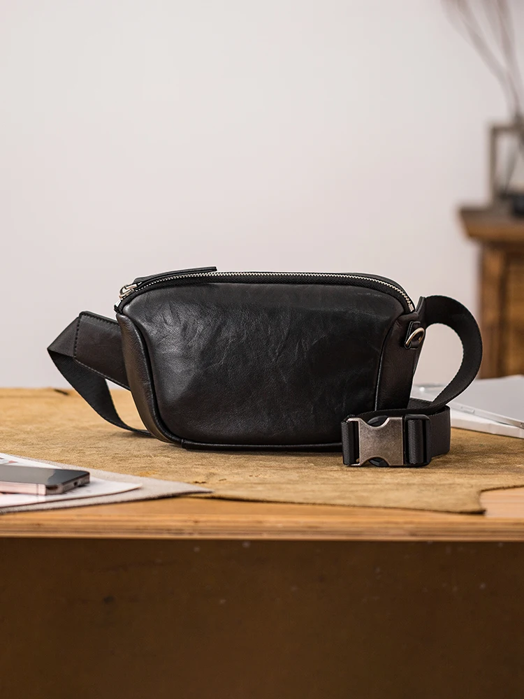 outdoor sports vegetable tanned cowhide men's small chest bag fashion casual handmade genuine leather motorcycle crossbody bag