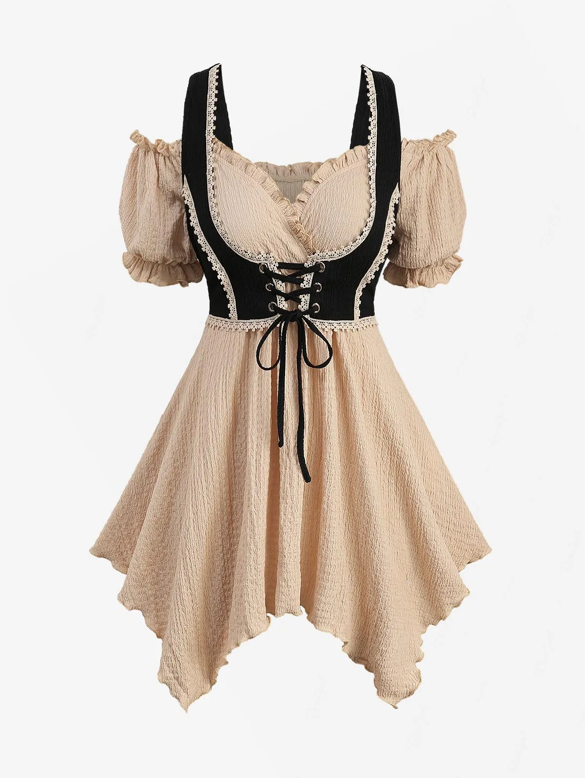 

ROSEGAL Plus Size Cold Shoulder Puff Sleeves Textured Ruffles Lace Up Floral Trim Crochet 2 in 1 Corset Handkerchief Top